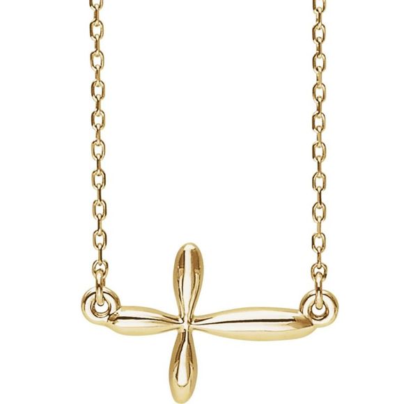 14k Yellow Gold Sideways Rounded Cross Necklace 16-18 Inch